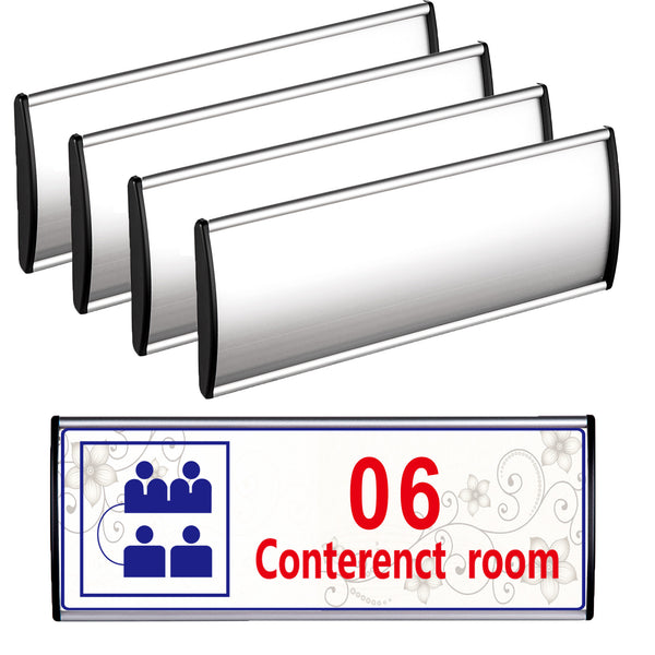 5 Pcs Office Name Plates Holder for Doors, 3 Inches x 8 Inches Curved Wall Mount Door Sign Holder, Silver Aluminum Sign Holder for Office Wall with Plastic Film and Adhesive Tape