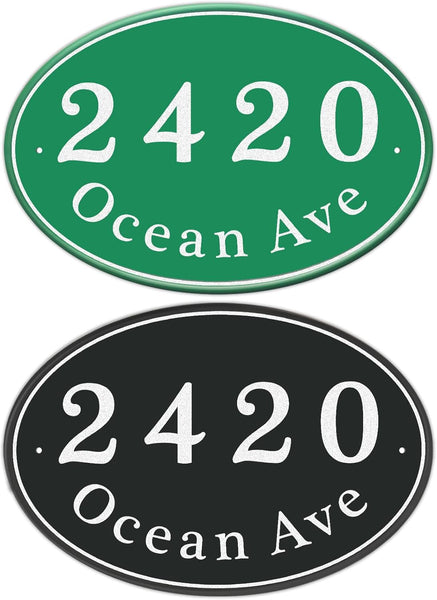 Personalized Reflective Address Plaque, Custom Aluminum House Number Sign with Two Screw, Address Sign for Outside Home, Street, House, 10" x 7.5" (Ellipse)-(Black or Green)