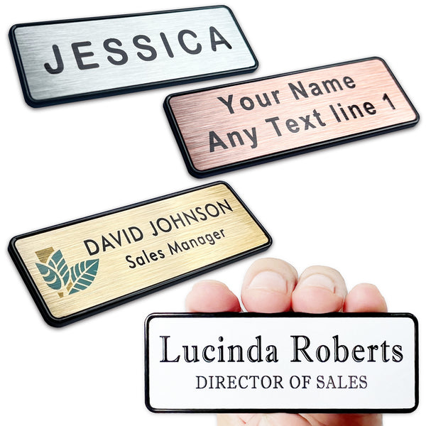 Custom Name Tag Badges with Text & Logos, Personalized Aluminium Name ID for Employee, School Teacher, Kids, 1" x 3" Name ID with Pin, Magnetic, Adhesive Backing