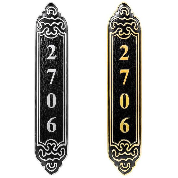18" x 3-5/8" Personalized Cast Metal Address Plaque, Custom House Number Sign, Wall Mounted Sign, White Numbers with Black Background-Vertical Numbers