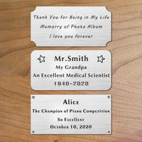 4" W x 2" H, Personalized, Custom Laser Engraved, Brushed Stainless Steel Plate Picture Frame Name Label Art Tag for Frames, with Adhesive Backing or Screws