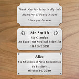 4" W x 2" H, Personalized, Custom Laser Engraved, Brushed Stainless Steel Plate Picture Frame Name Label Art Tag for Frames, with Adhesive Backing or Screws