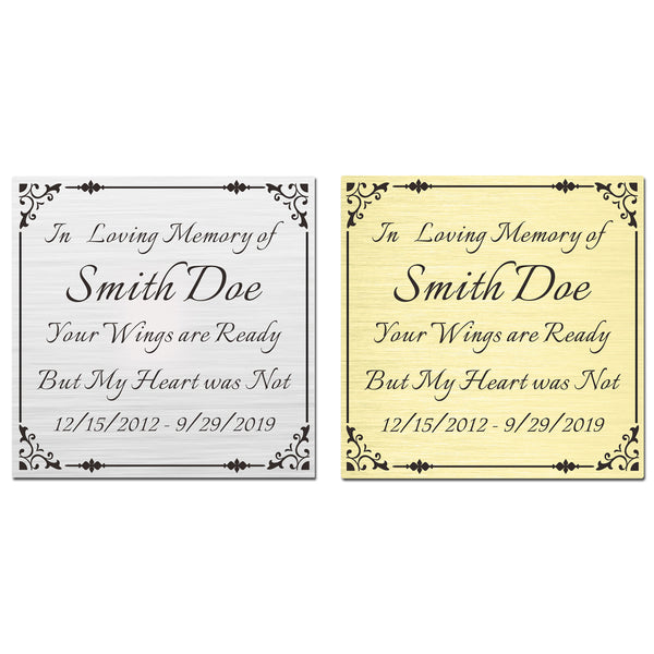 4" H x 4" W, Custom Elegant Engraved Plate, Personalized Memorial Plaque, Brushed Stainless Steel or Brass Laser Engraved Name Plates with Adhesive Backing or Screws, Square Corner (Silver, Gold)