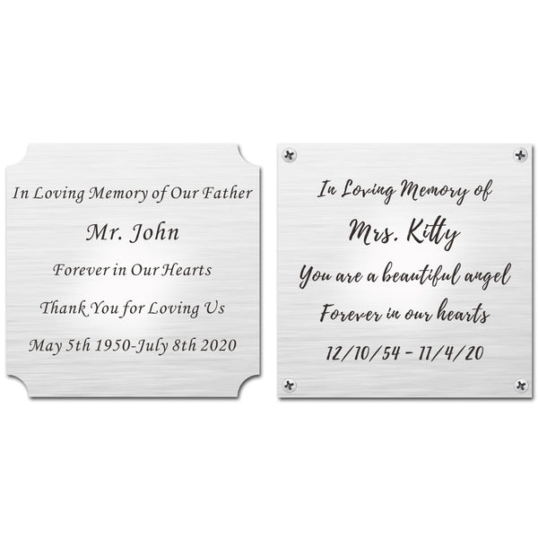 Size: 4" H x 4" W, Personalized, Custom Laser Engraved, Brushed Stainless Steel Plate Picture Frame Name Label Art Tag for Frames, with Adhesive Backing or Screws