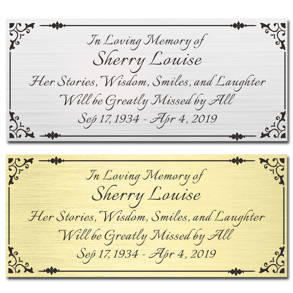 2.5" H x 6" W, Custom Elegant Engraved Plate, Personalized Memorial Plaque, Brushed Stainless Steel or Brass Laser Engraved Name Plates with Adhesive Backing or Screws, Square Corner (Silver, Gold)